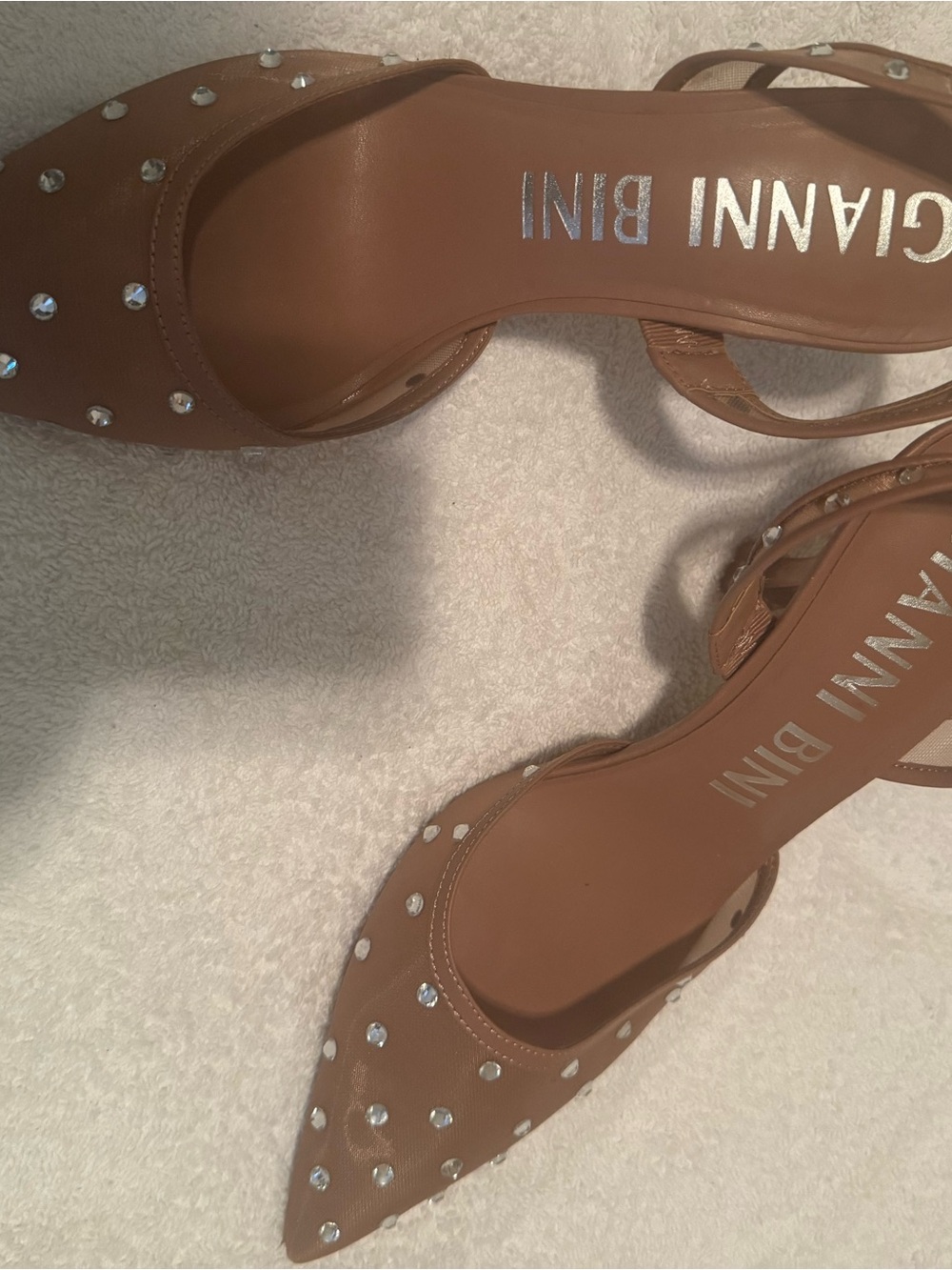 Gianni Bini Tan Pointed Toe Slingback Heels with Crystal Studs
